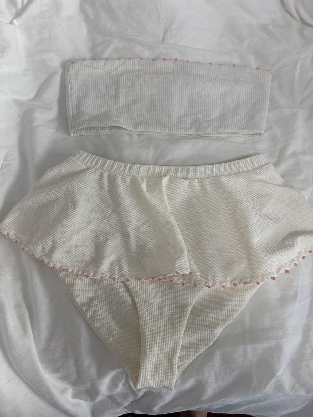 Marysia Swim White Ribbed Bandeau Set with Pink Trim